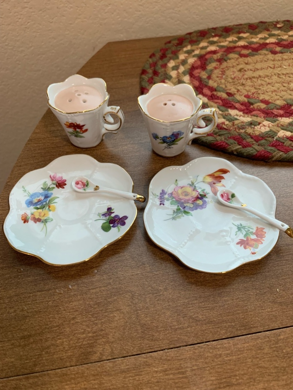 Porcelain Floral Dessert Plate & Spoon Set with Gold Trim -